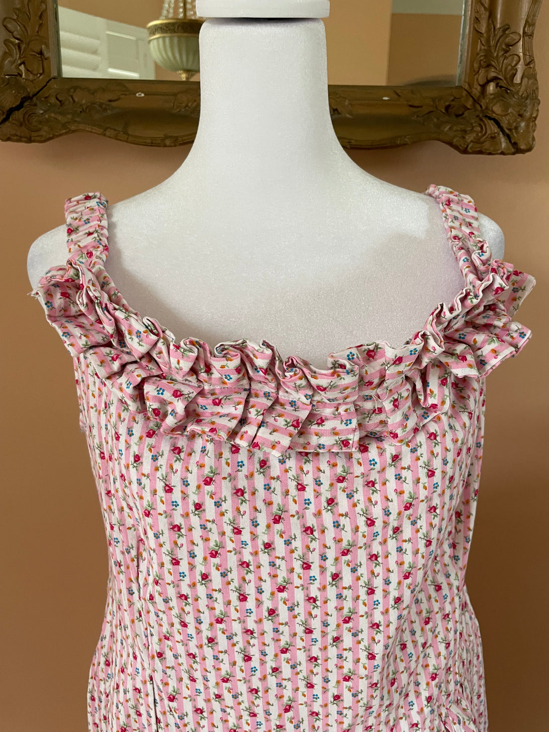 70s Vintage Handmade 100% Cotton Floral Ruffled Summer Dress M