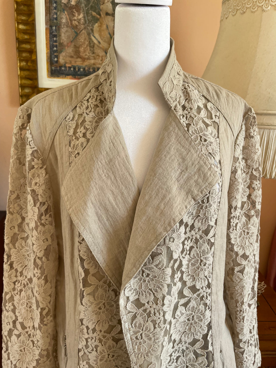 2000s Beige Rayon Cotton Lacy Open Front Jacket  M/L