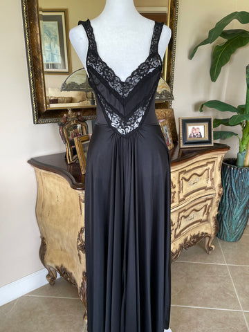 2000s Black Poly Lace Bodice Beautiful Long Lingerie Chemise Sm
