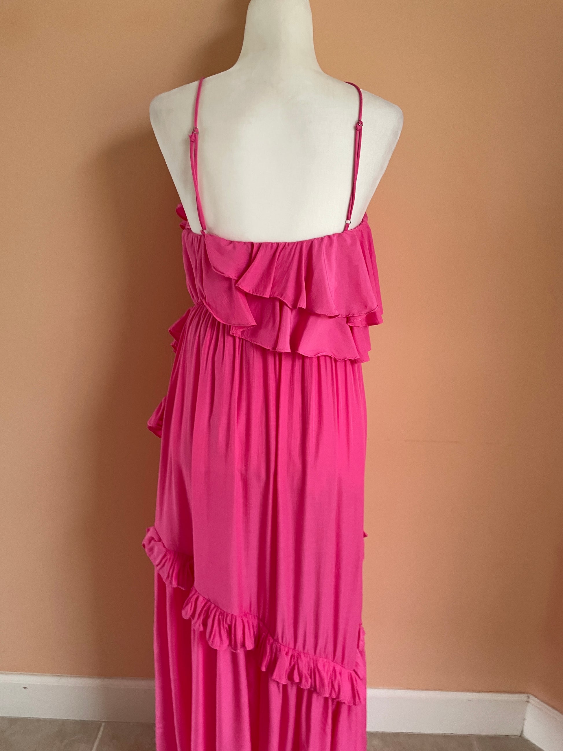 2000s  Pretty Tiered Ruffles Cold Shoulder High Low Pink You Got What it Takes Long Dress S