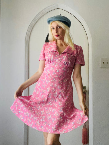 70s Vintage Handmade Pink Floral Collared Dress M