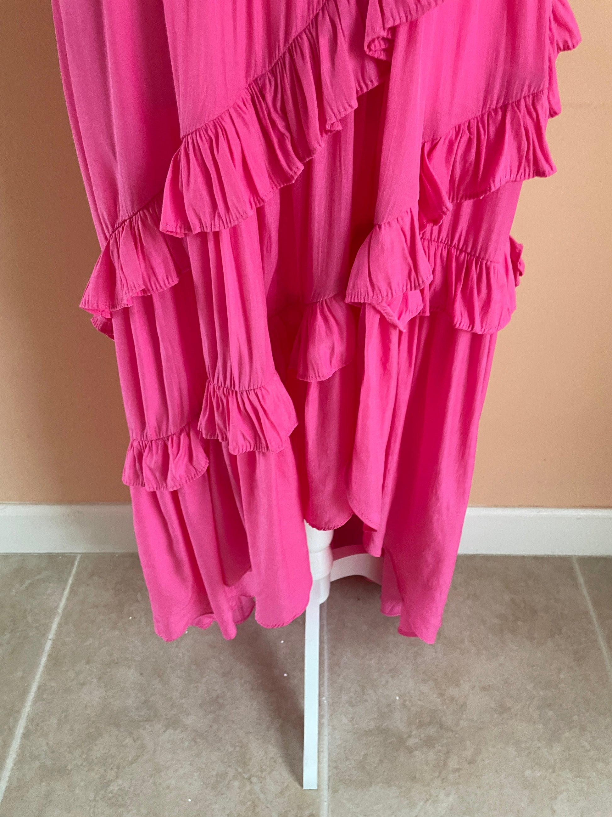  2000s  Pretty Tiered Ruffles Cold Shoulder High Low Pink You Got What it Takes Long Dress S