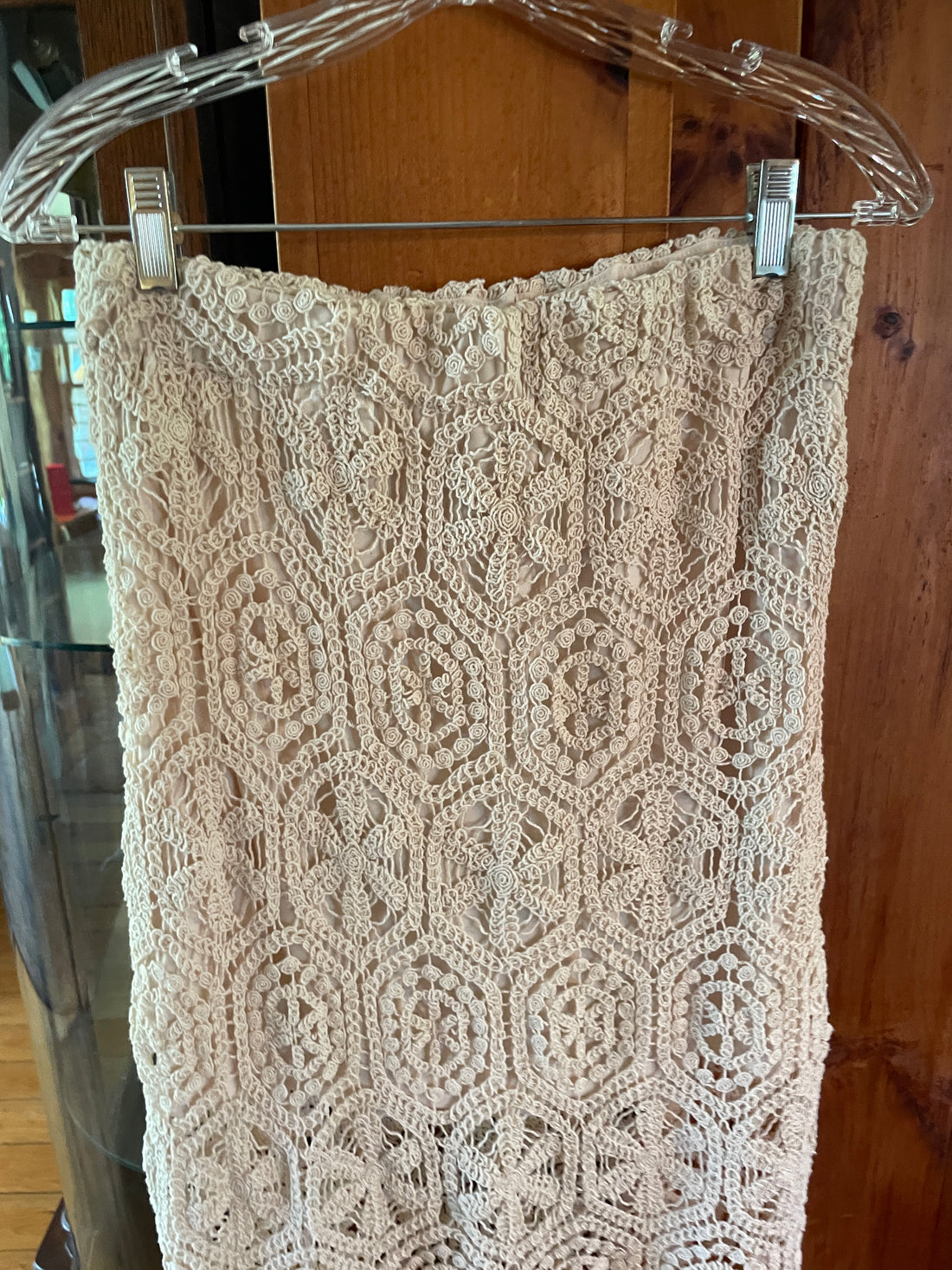 2000s Light Beige Crochet Lined Elastic Waist Straight Cut Short Skirt M