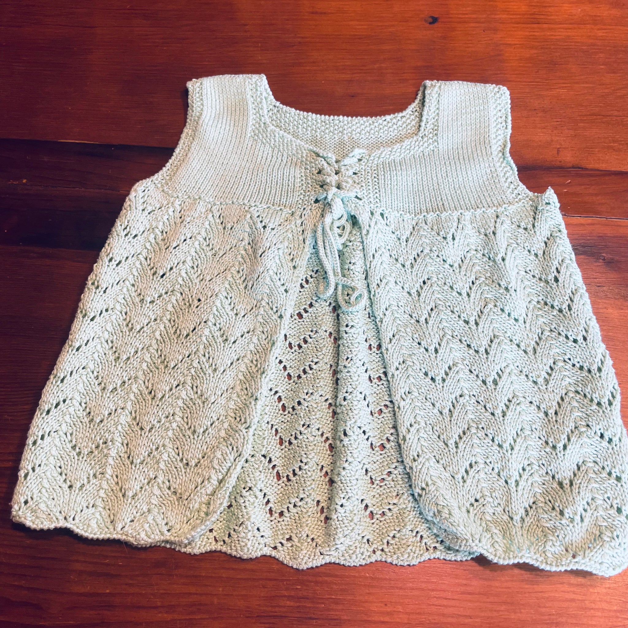 Vintage Hand Knit Minty Green Tie Open From Baby Top