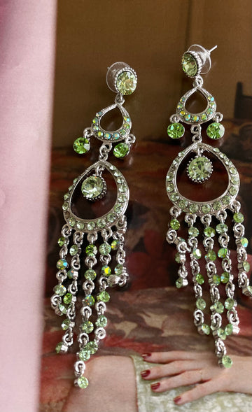 Sparkly Green Rhinestones Chandelier Pierced Earrings 5”
