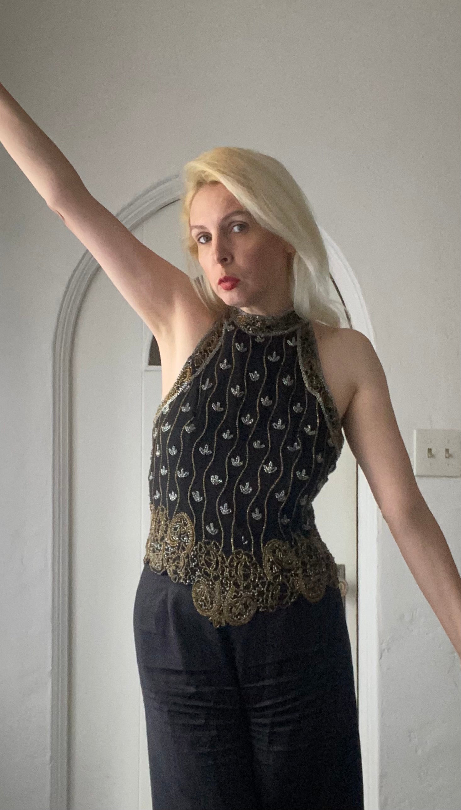  80s Papell Boutique Hand Beaded Silk Glam Top M
