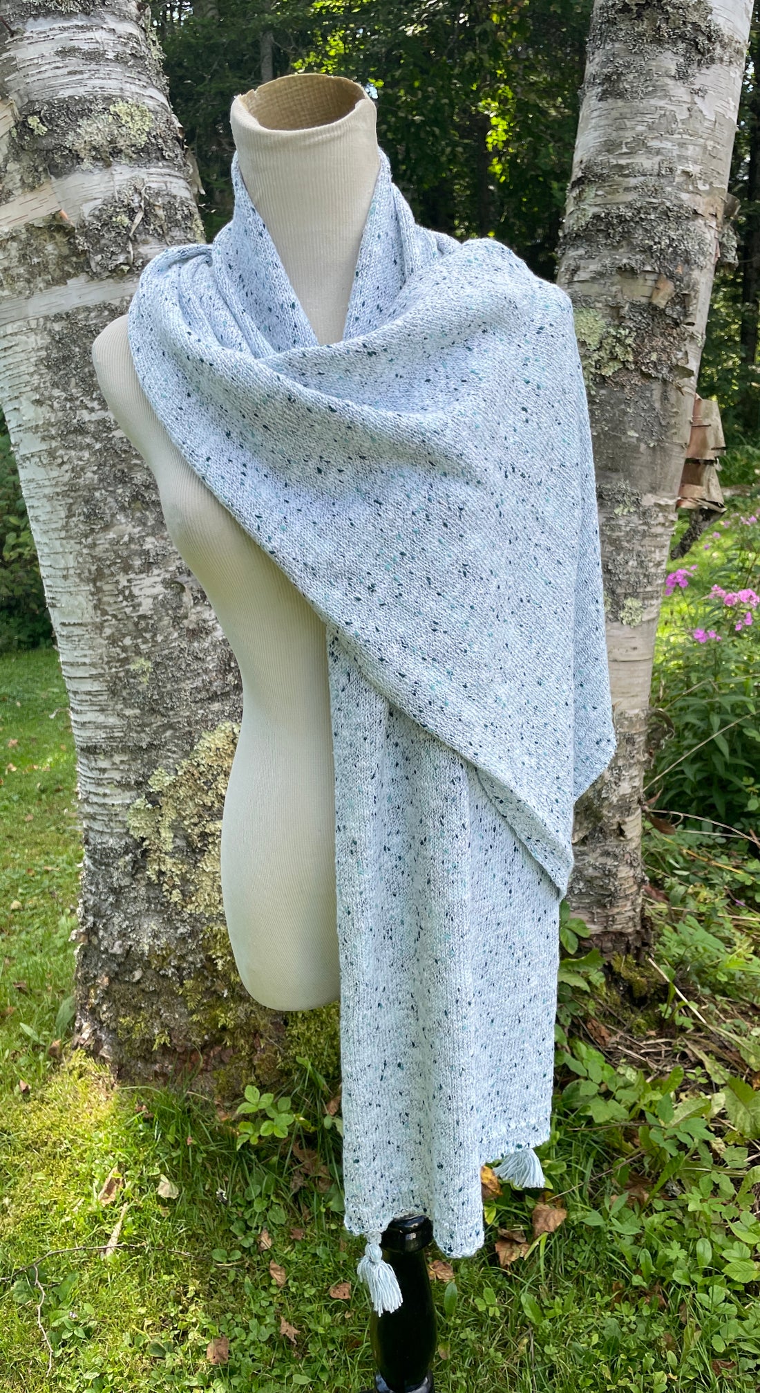 2000s Oversize Blue Teal Cotton Blend Tassels Knit Wrap Cape Scarf