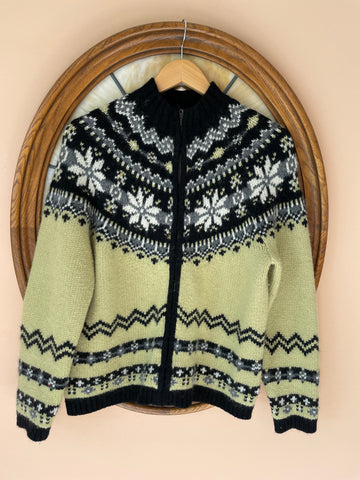 Vintage 80s Handmade Lambswool Angora Snowflake Zip Cardigan Sweater M
