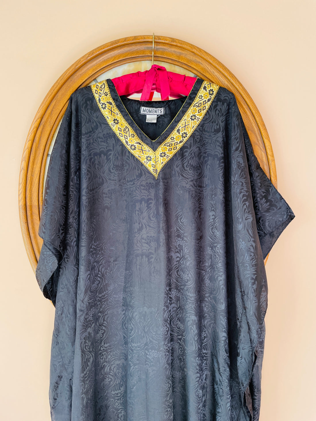 90s Vintage Black Poly Gold Neckline Trim Maxi Lounge Caftan Free Size Plus Size