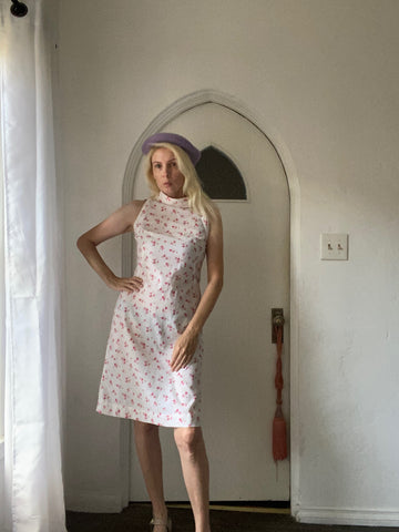 60s Vintage Handmade White Pink Flower Sleeveless Summer Dress S/M