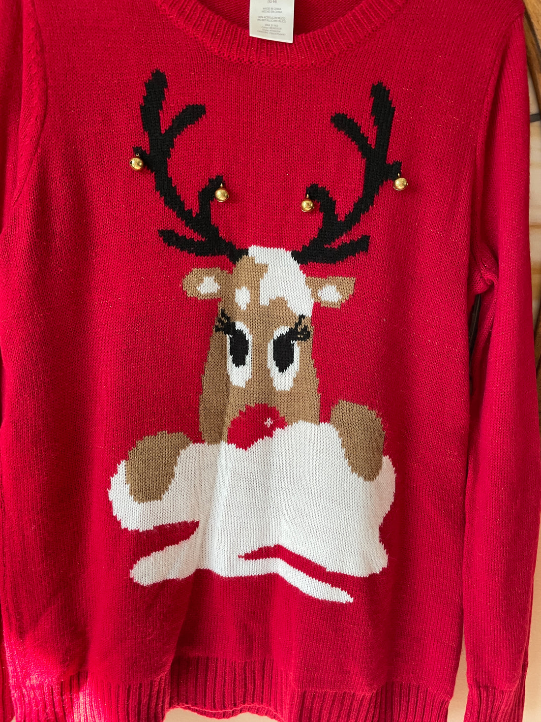 90s Red Acrylic Jingle Bells Antler Deer Pullover Christmas Sweater L