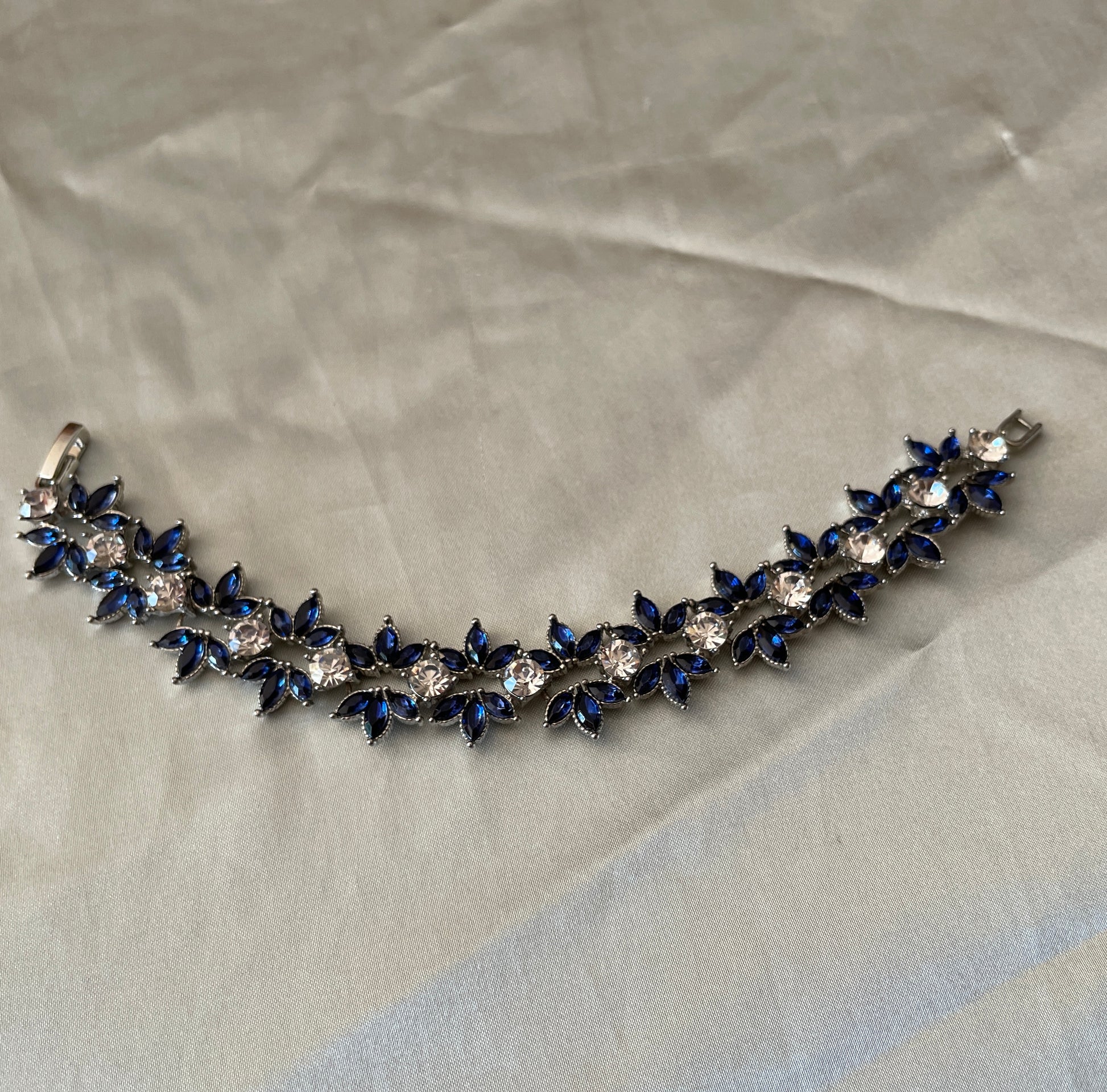  70s Silver Tone Blue Clear Rhinestone Flower Bracelet