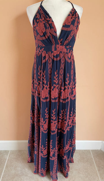 90s Stunning Floral Embroidery Navy Vintage Maxi Dress M