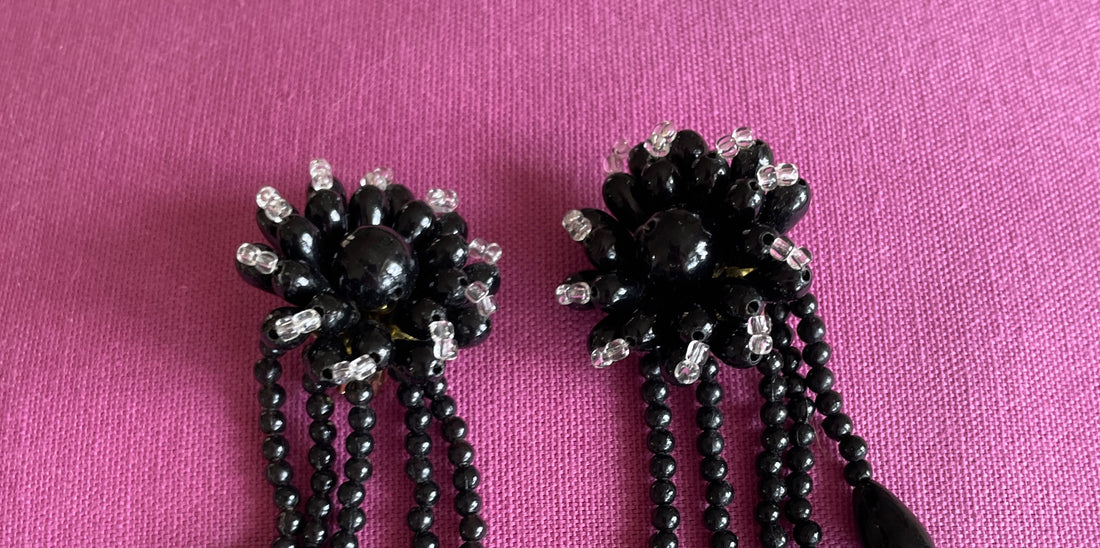 80s Vintage Black Beaded Flower Design Statement Earrings