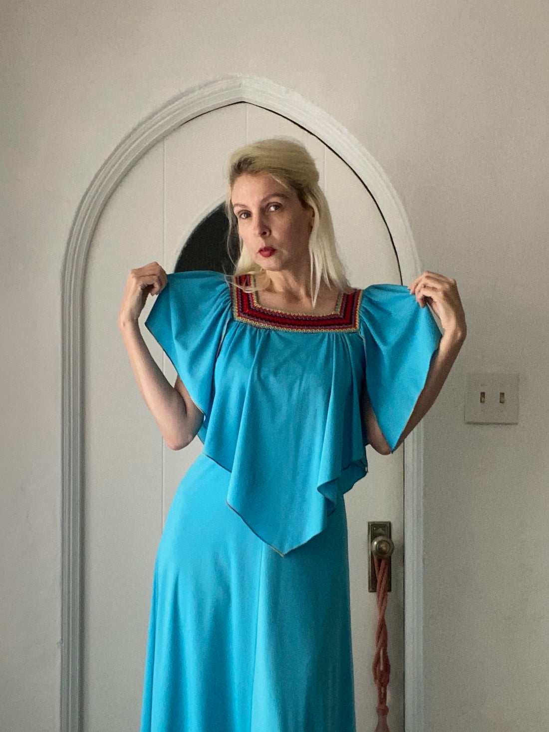 Vintage 70s Blue Poly Sleeveless Cape Maxi Disco Dress Sm