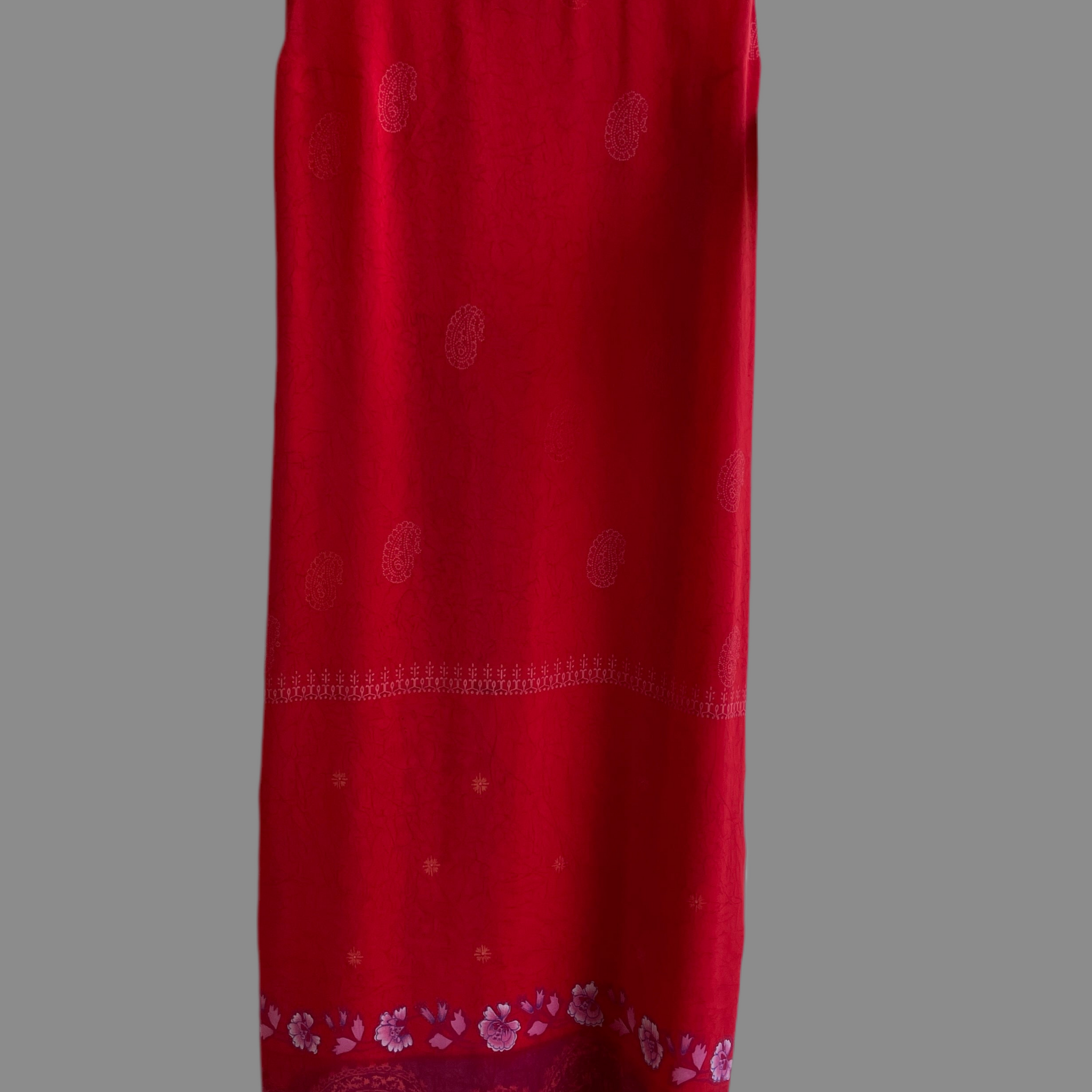 90s Vintage Red Paisley Floral Semi Sheer Poly Back Tie Sleeveless Summer Long Dress M