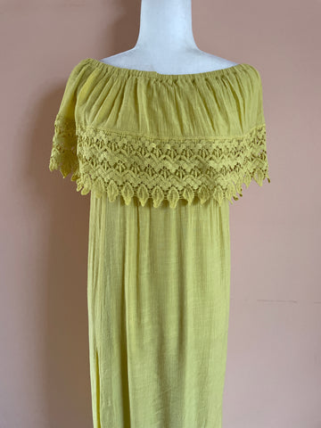2000s Striking Yellow Floral Crochet Boho Chic Maxi Dress S