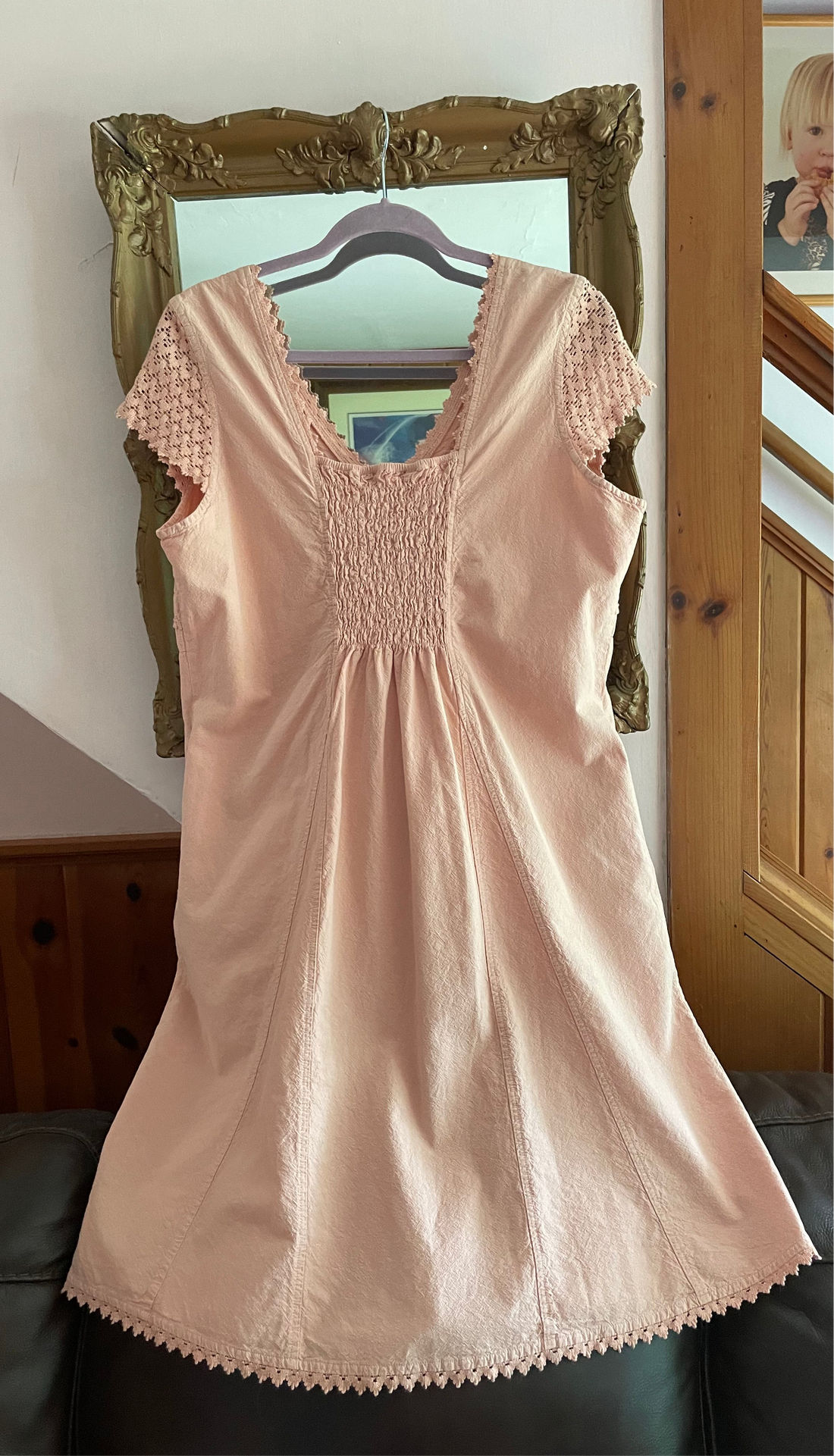Decorative Pink Floral Lace V Neck Cotton Dress Lg