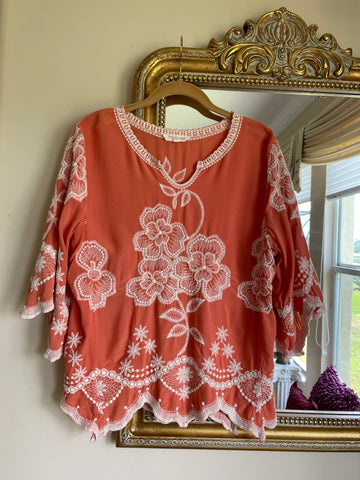 Coral Color White Embroidery Rayon Zig Zag Design Top Lg