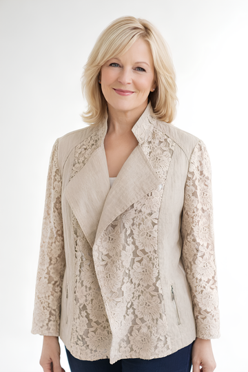 2000s Beige Rayon Cotton Lacy Open Front Jacket  M/L