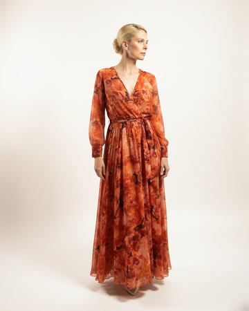 2000s Sheer Poly Lined V Neck Floral Maxi Dress M