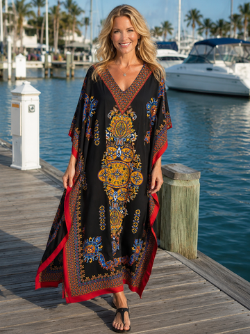 Boho Resort Caftan Maxi Dress Day-Evening Lounge Beach Flowing Kaftan One Size