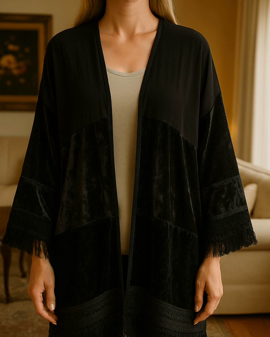 Black Velvet Fringed Open Front Boho Style Jacket Top M