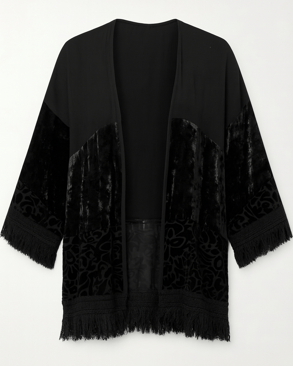 Black Velvet Fringed Open Front Boho Style Jacket Top M