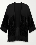 Black Velvet Fringed Open Front Boho Style Jacket Top M