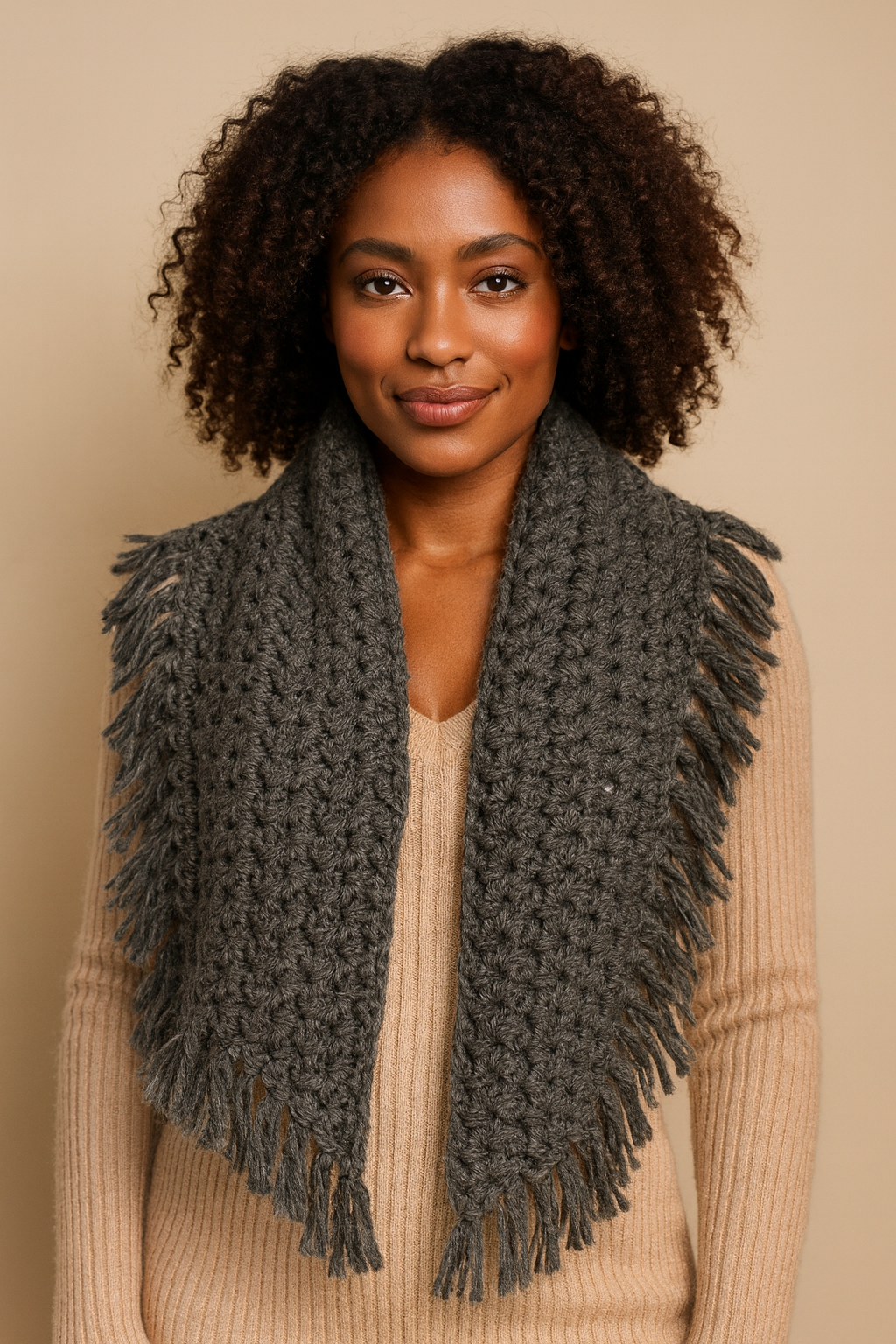 2000s Hand Knit Fringed Winter Circle Scarf.