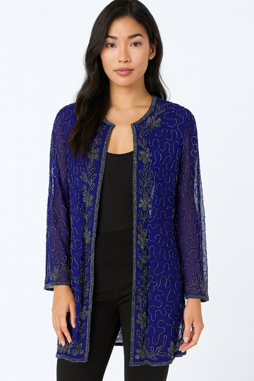 Vintage 80s Glittery Silver Beadwork Glam Jacket Top M