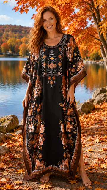 Easy Living 100% Acrylic Fall Floral Print Maxi Kaftan Free Size