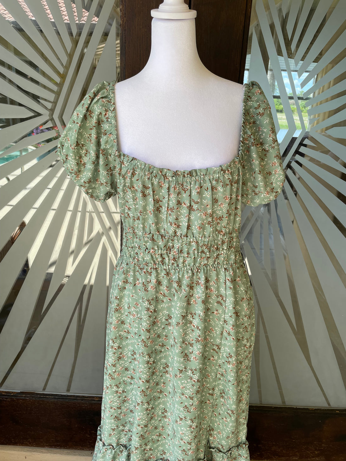 Green Brown Floral Poly Tiered Puff Sleeve Ruffled Boho Midi Dress Lg/XL