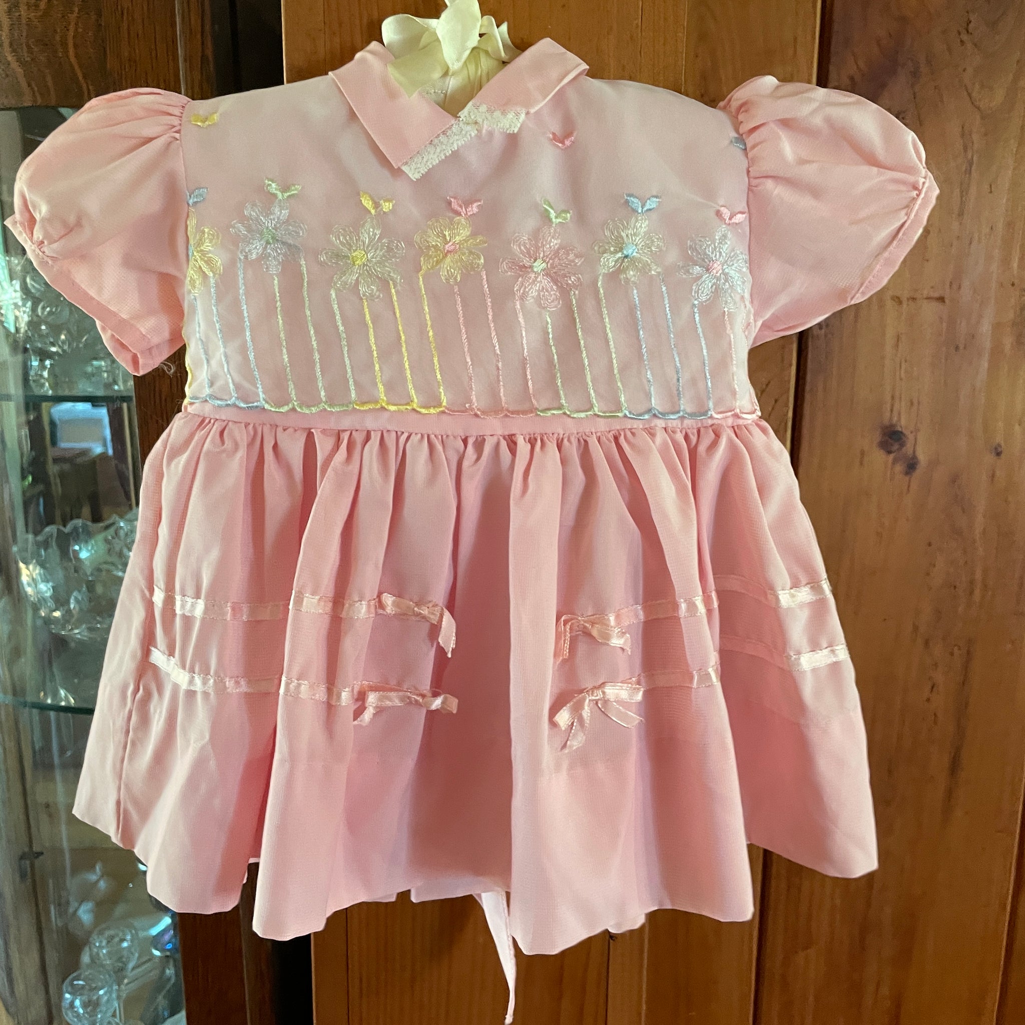 Vintage 90s Pretty Pink Cotton Lace Ribbon & Bows Floral Embroidery Sweet Baby Dress Size 1