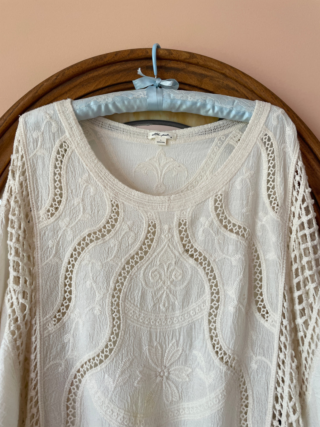 2000s Decorative Off White Casual Loose Fit Cotton Boho Top Lg