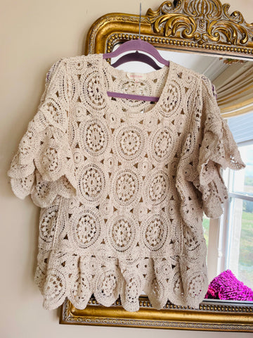 Natural Color 100% Cotton Crochet Bell Sleeve Top Lg