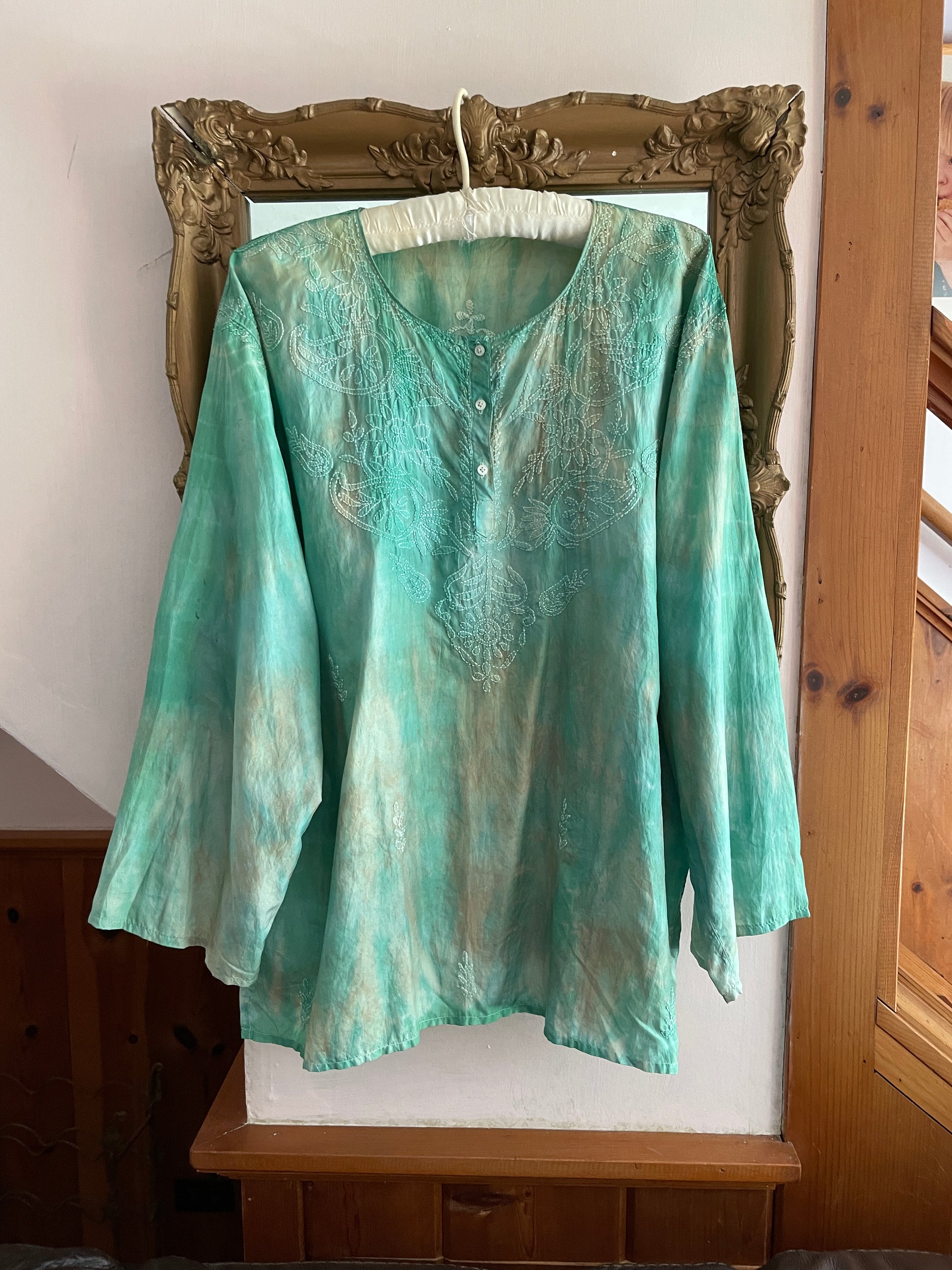  2000s Green Silk Space Dye Embroidered Boho Casual Top L