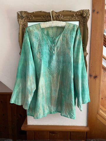 2000s Green Silk Space Dye Embroidered Boho Casual Top L