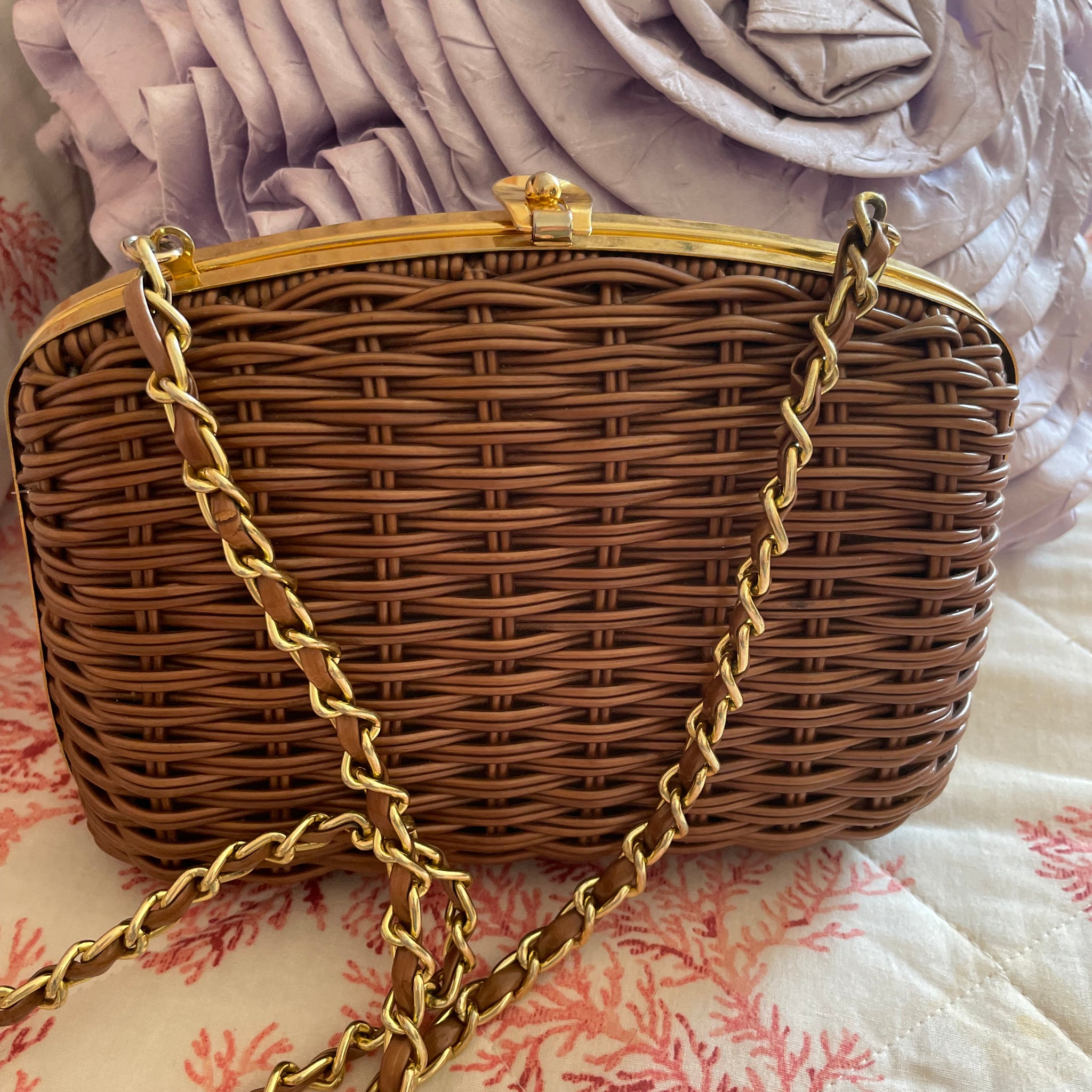 Vintage 80s Brown Woven Wicker Structured Gold Frame Purse