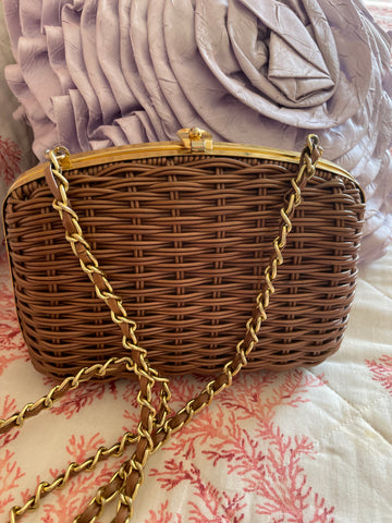 Vintage 80s Brown Woven Wicker Structured Gold Frame Purse