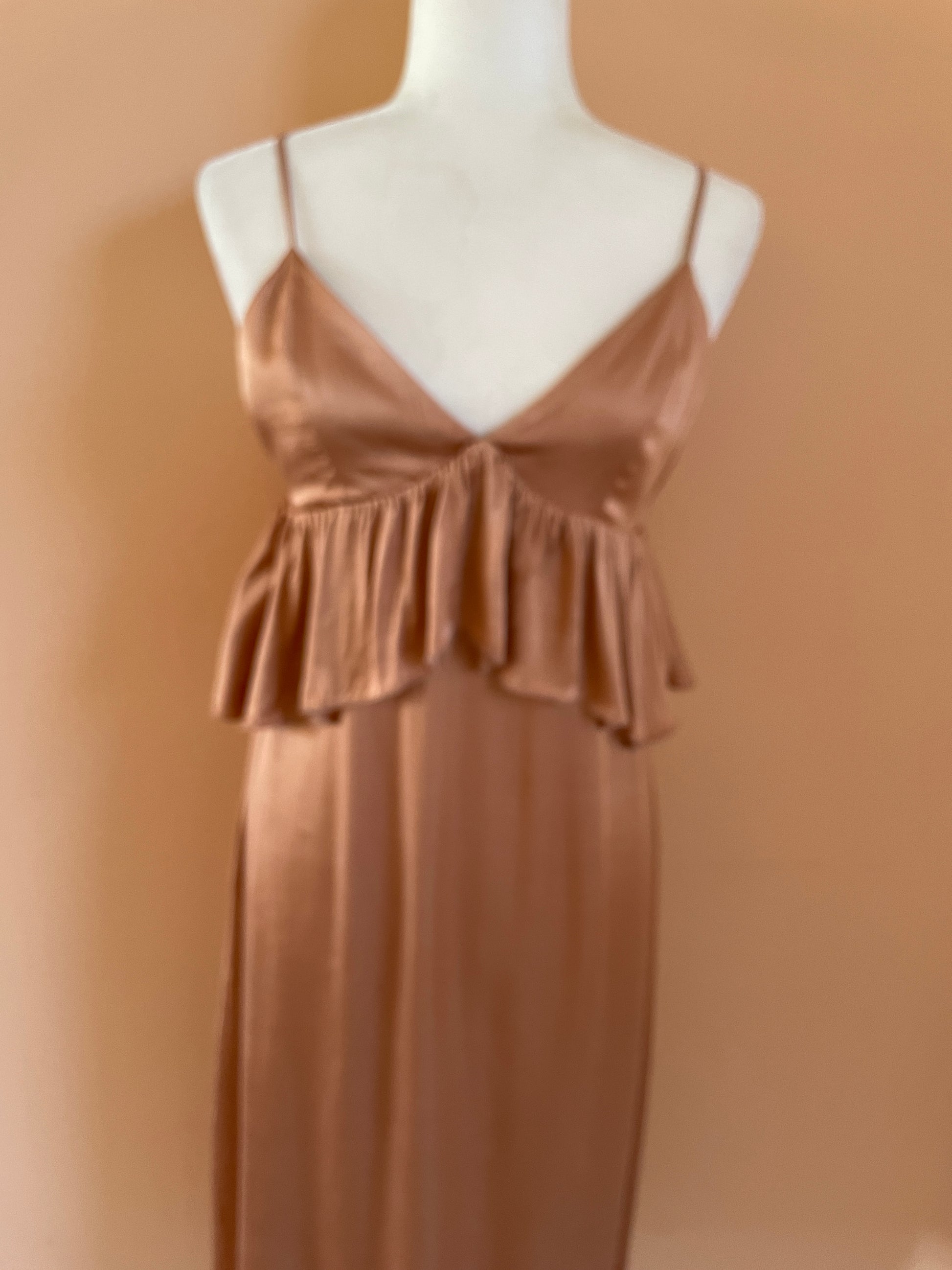  H & M 2000s Silky Gold Ruffle Midi Dress M