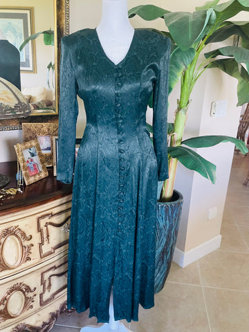 Vintage Jody Stunning Satin Floral Design Fitted Maxi Dress. Sm