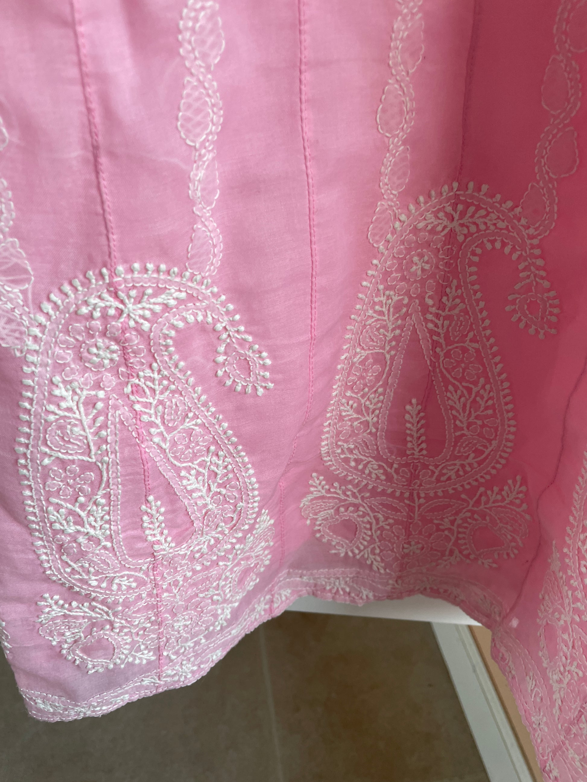  90s Sweet Pink Embroidered Cotton Handmade Boho Midi Tunic Dress Sm