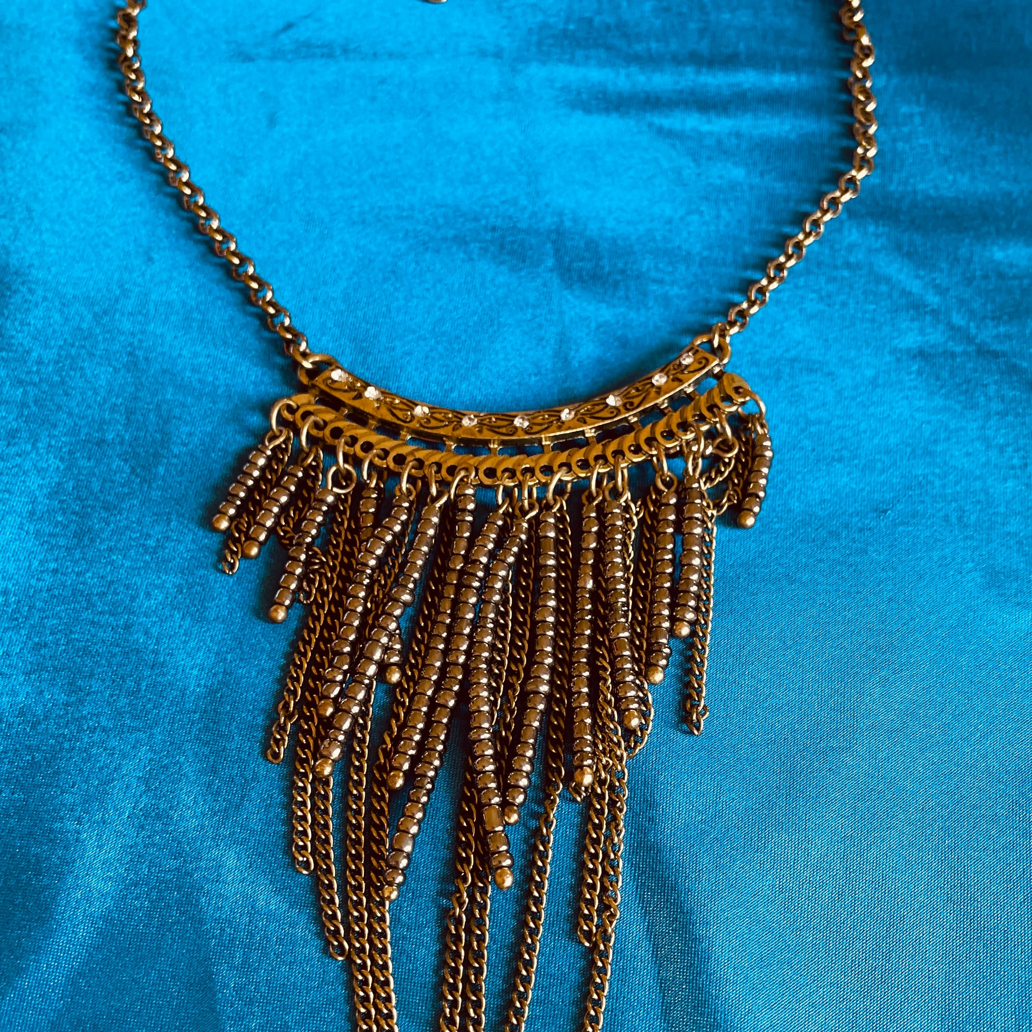 90s Vintage Brass Tone Draped Beads & Chains Boho Necklace