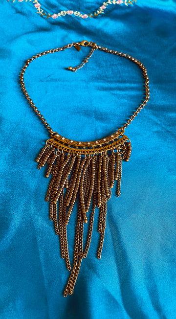 90s Vintage Brass Tone Draped Beads & Chains Boho Necklace