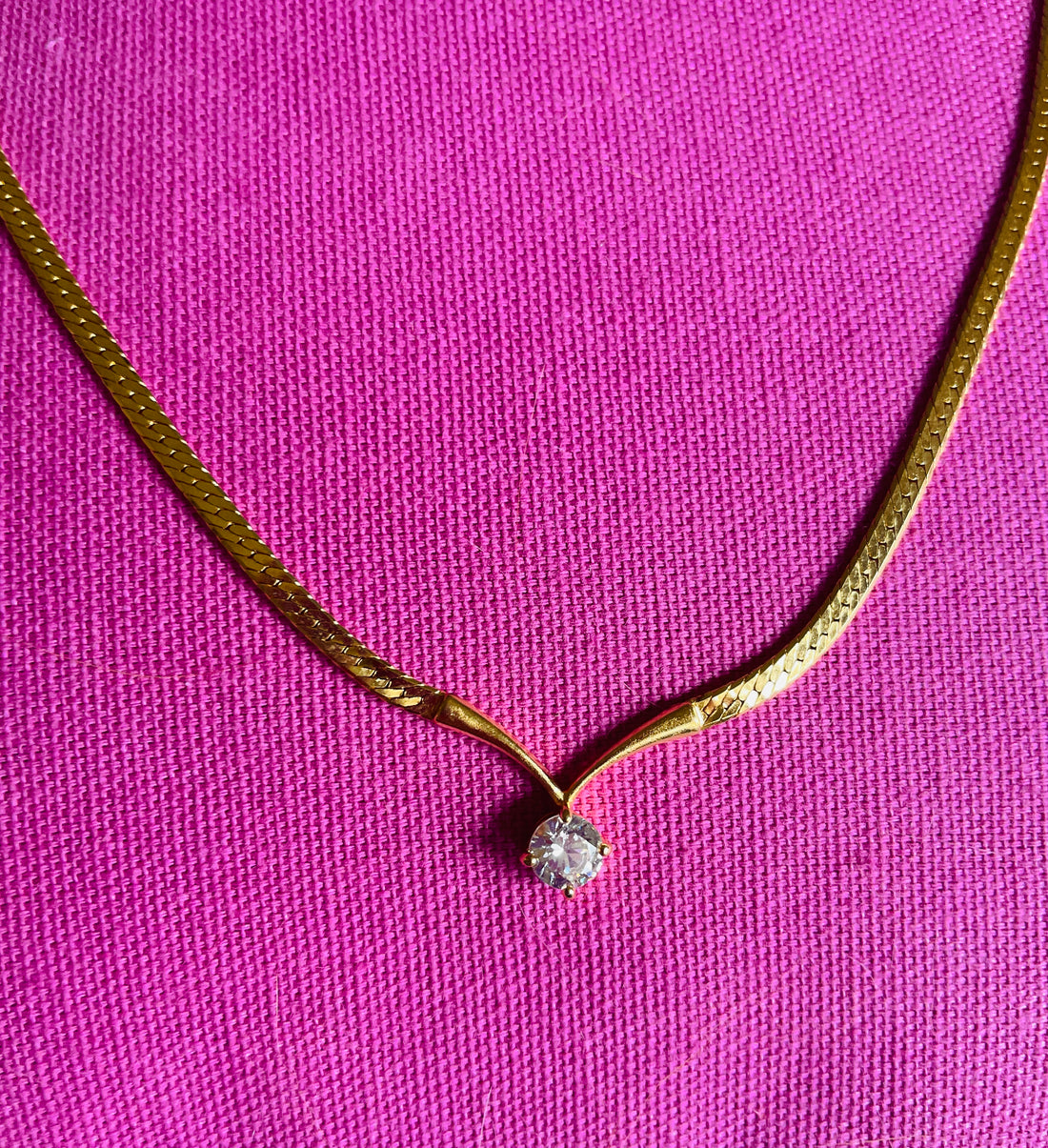 80s Signed Monet Gold Tone Clear Crystal Delicate Solitaire Pendant Necklace