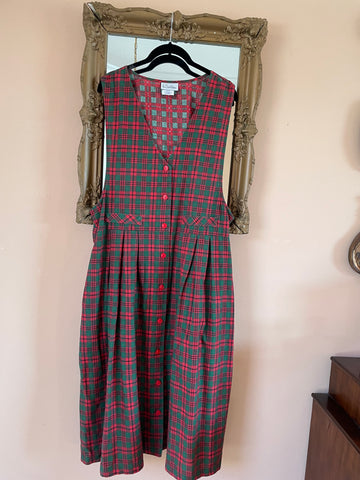 90s Vintage Passion for Plaid Button Front Side Pockets Midi Jumper Dress M