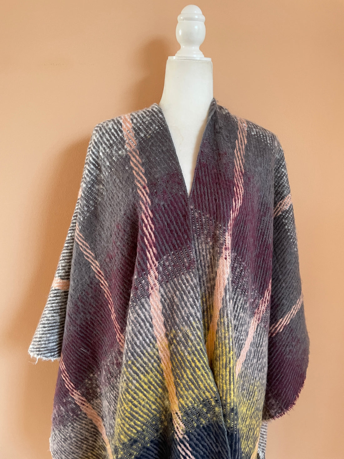 90s Vintage Multicolor Soft Acrylic Raw Edge Fringed Oversized Cape Wrap. Free Size