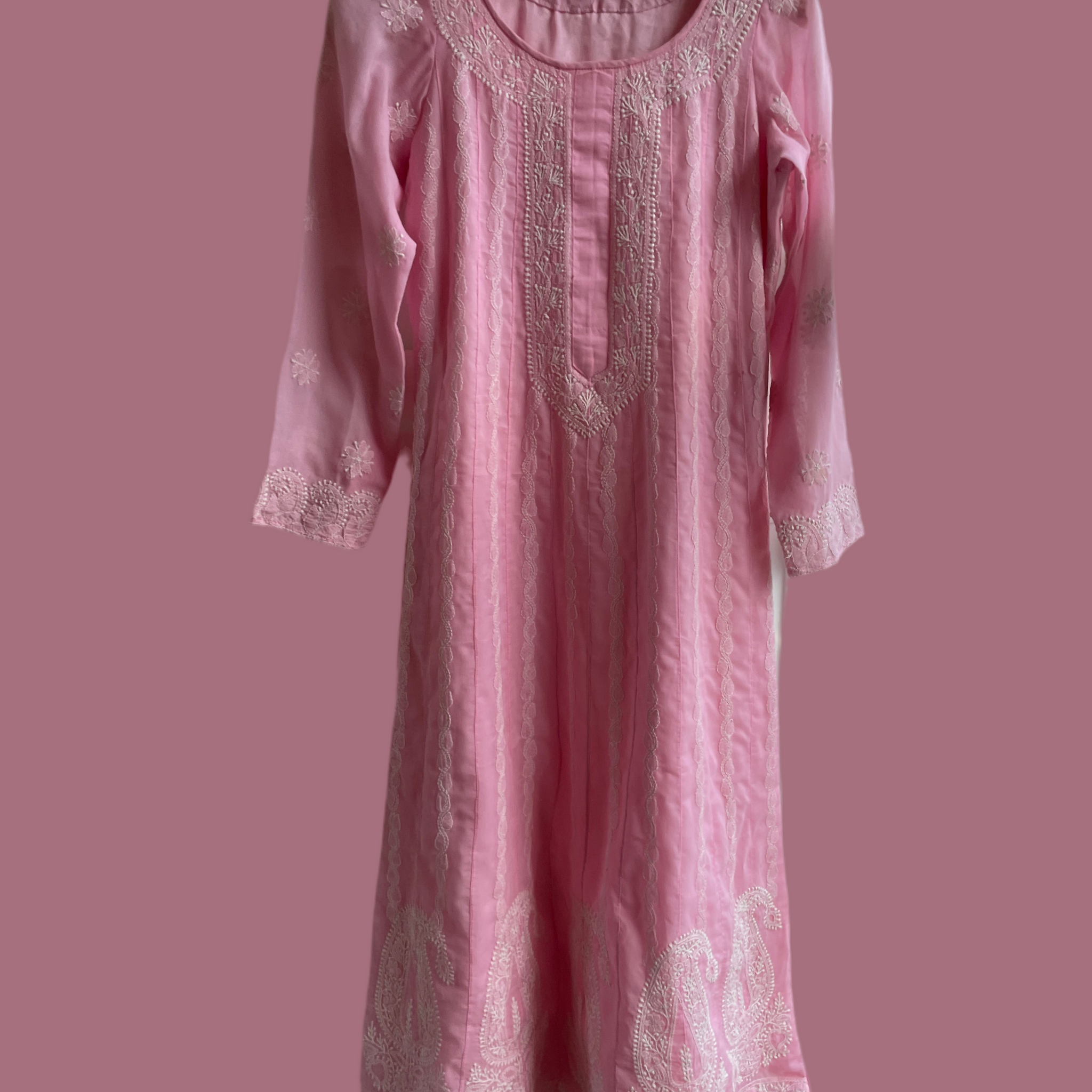 90s Sweet Pink Embroidered Handmade Boho Midi Tunic Dress Sm