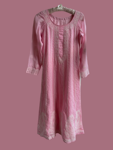 90s Sweet Pink Embroidered Handmade Boho Midi Tunic Dress Sm